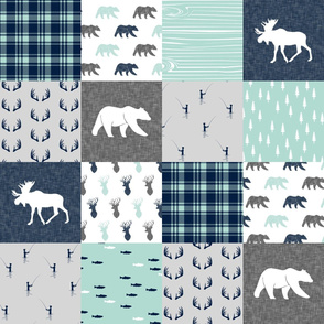 woodland moose bear fishing patchwork fabric w/ grey 