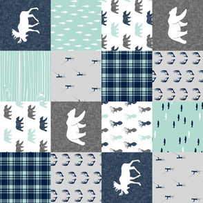 woodland moose bear fishing patchwork fabric w/ grey  (90)