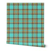 Nty74: (VERY SMALL SCALE) Cooler Stewart plaid in Turquoise, Mustard + Orange Linen-weave by Su_G_©SuSchaefer