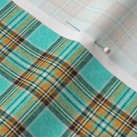 Nty74: (VERY SMALL SCALE) Cooler Stewart plaid in Turquoise, Mustard + Orange Linen-weave by Su_G_©SuSchaefer