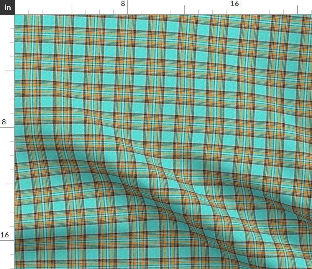 Nty74: (VERY SMALL SCALE) Cooler Stewart plaid in Turquoise, Mustard + Orange Linen-weave by Su_G_©SuSchaefer