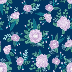 floral fabric navy purple turquoise fabric