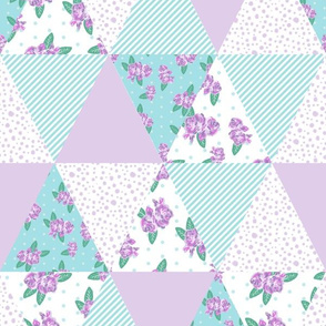 floral triangle cheater quilt turquoise and purple florals nursery girls fabric