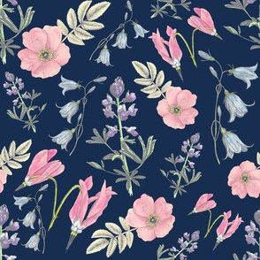 Watercolor wildflowers navy large