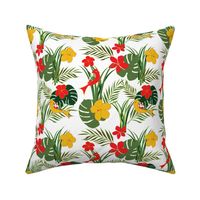 Tropical Birds and Flowers - Floral - fauna- birds - leaves - red - green - gold