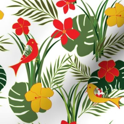 Tropical Birds and Flowers - Floral - fauna- birds - leaves - red - green - gold