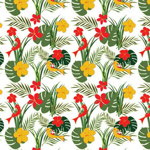Tropical Birds and Flowers - Floral - fauna- birds - leaves - red - green - gold