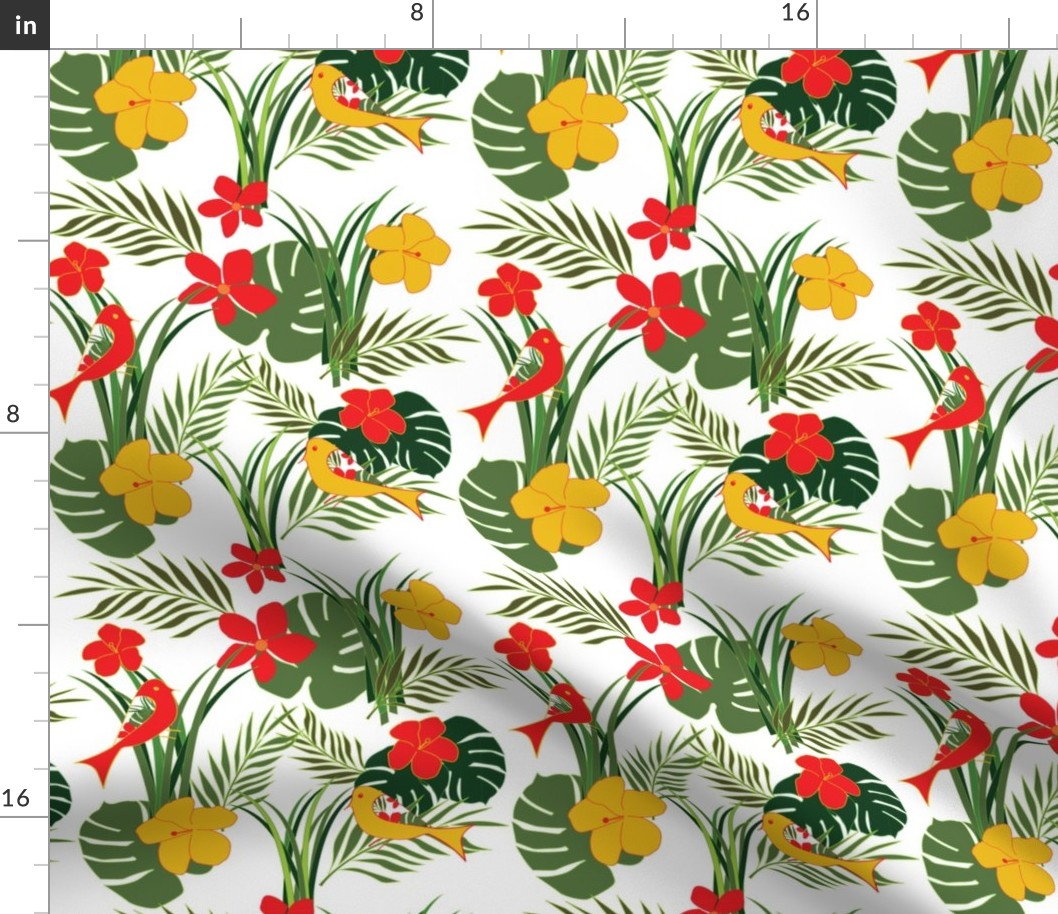 Tropical Birds and Flowers - Floral - fauna- birds - leaves - red - green - gold