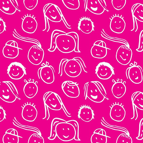 Kids faces - linocut - pink