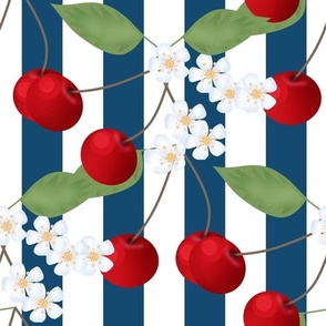 Ripe cherries and cherry flowers on a striped background