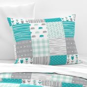 Wholecloth Quilt - Evenstar Bears - teal, grey and mint woodgrain, Plaid and arrows