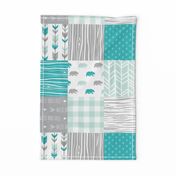 Wholecloth Quilt - Evenstar Bears - teal, grey and mint woodgrain, Plaid and arrows