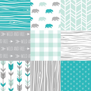 Wholecloth Quilt - Evenstar Bears - teal, grey and mint woodgrain, Plaid and arrows