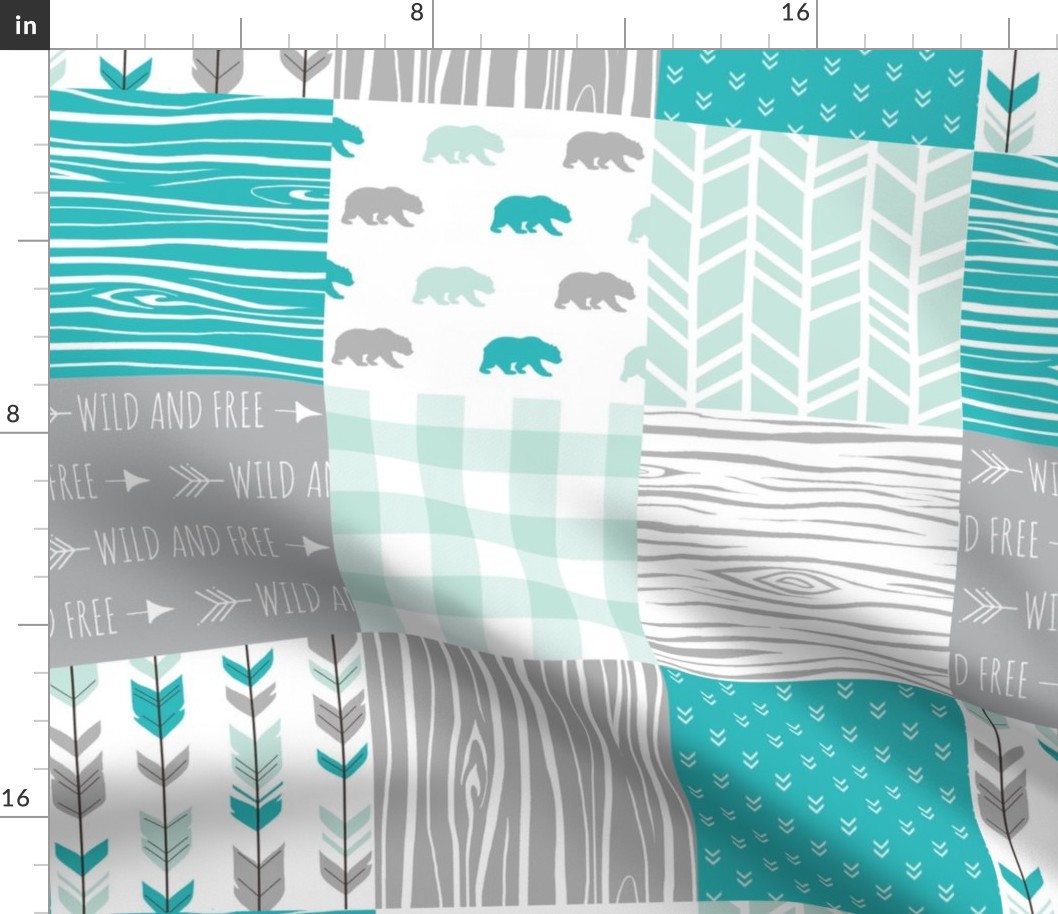Wholecloth Quilt - Evenstar Bears - teal, grey and mint woodgrain, Plaid and arrows