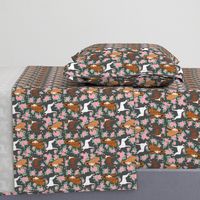 Boxer dog florals fabric pattern rose charcoal