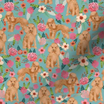 toy poodle fabric apricot toy poodle and florals design - gulf blue