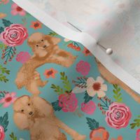 toy poodle fabric apricot toy poodle and florals design - gulf blue