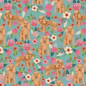 toy poodle fabric apricot toy poodle and florals design - gulf blue