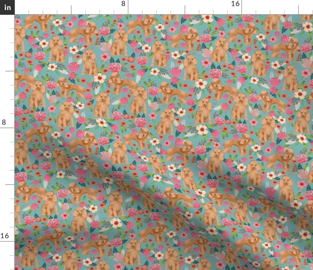 toy poodle fabric apricot toy poodle and florals design - gulf blue