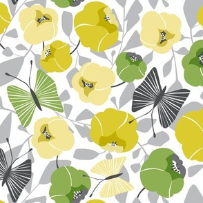 Butterfly Blossom - Floral Green & Grey