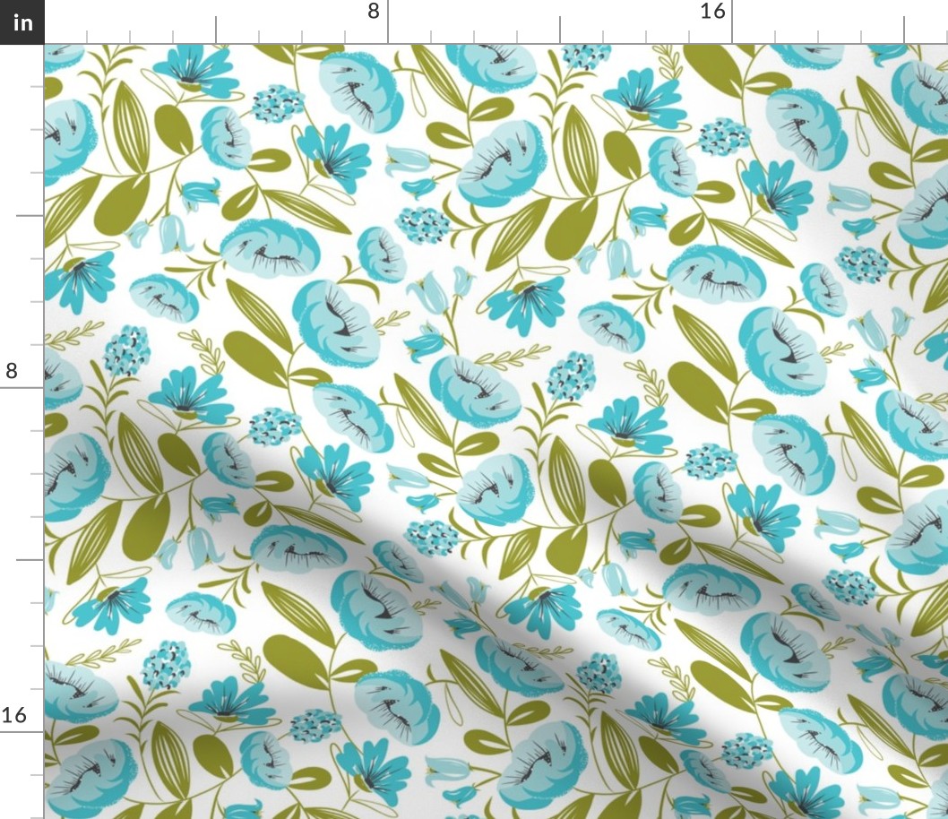 Camille - Botanical Floral Aqua White & Green