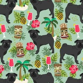 black pug fabric tiki tropical summer fabric - mint