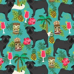 black pug fabric tiki tropical summer fabric - turquoise