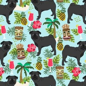 black pug fabric tiki tropical summer fabric - light blue