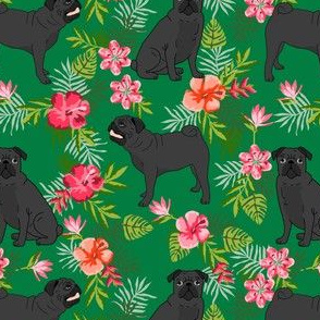 black pug hawaiian fabric tropical summer plants palm print fabric - green