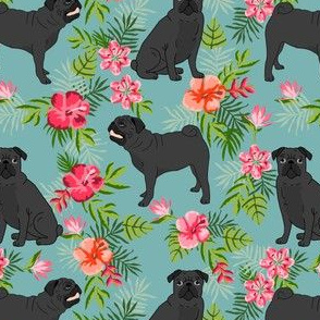 black pug hawaiian fabric tropical summer plants palm print fabric - gulf blue