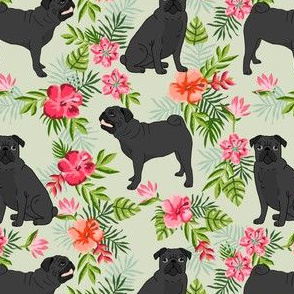 black pug hawaiian fabric tropical summer plants palm print fabric - lite