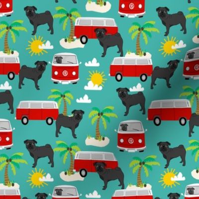 black pug  summer tropical palm tree fabric dog fabric - turquoise