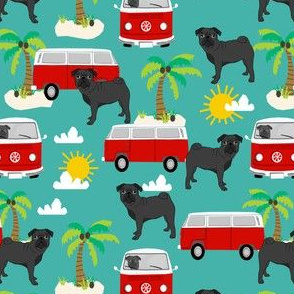 black pug  summer tropical palm tree fabric dog fabric - turquoise