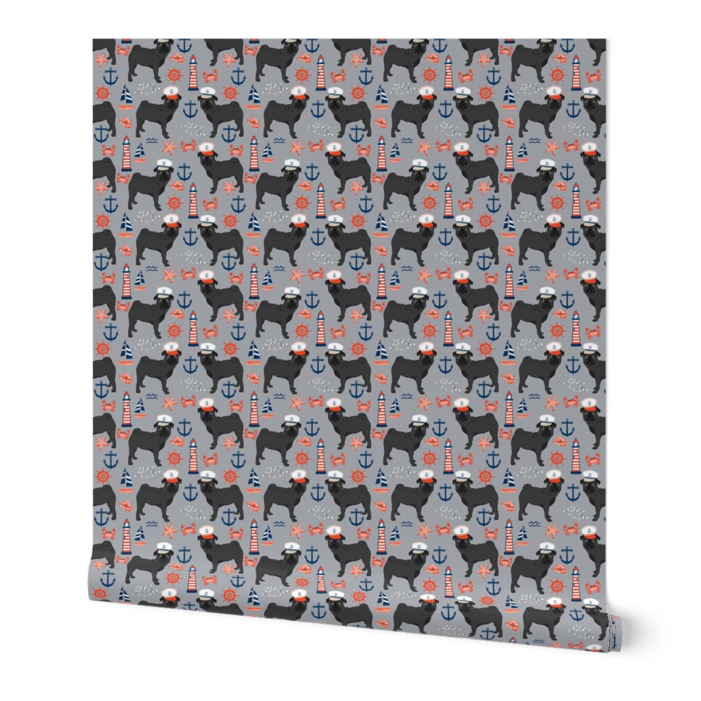 black pug fabric nautical summer nantucket design - light grey