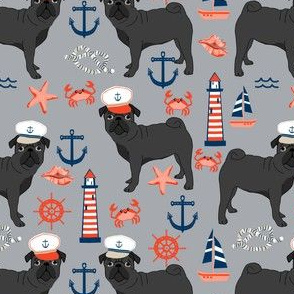 black pug fabric nautical summer nantucket design - light grey