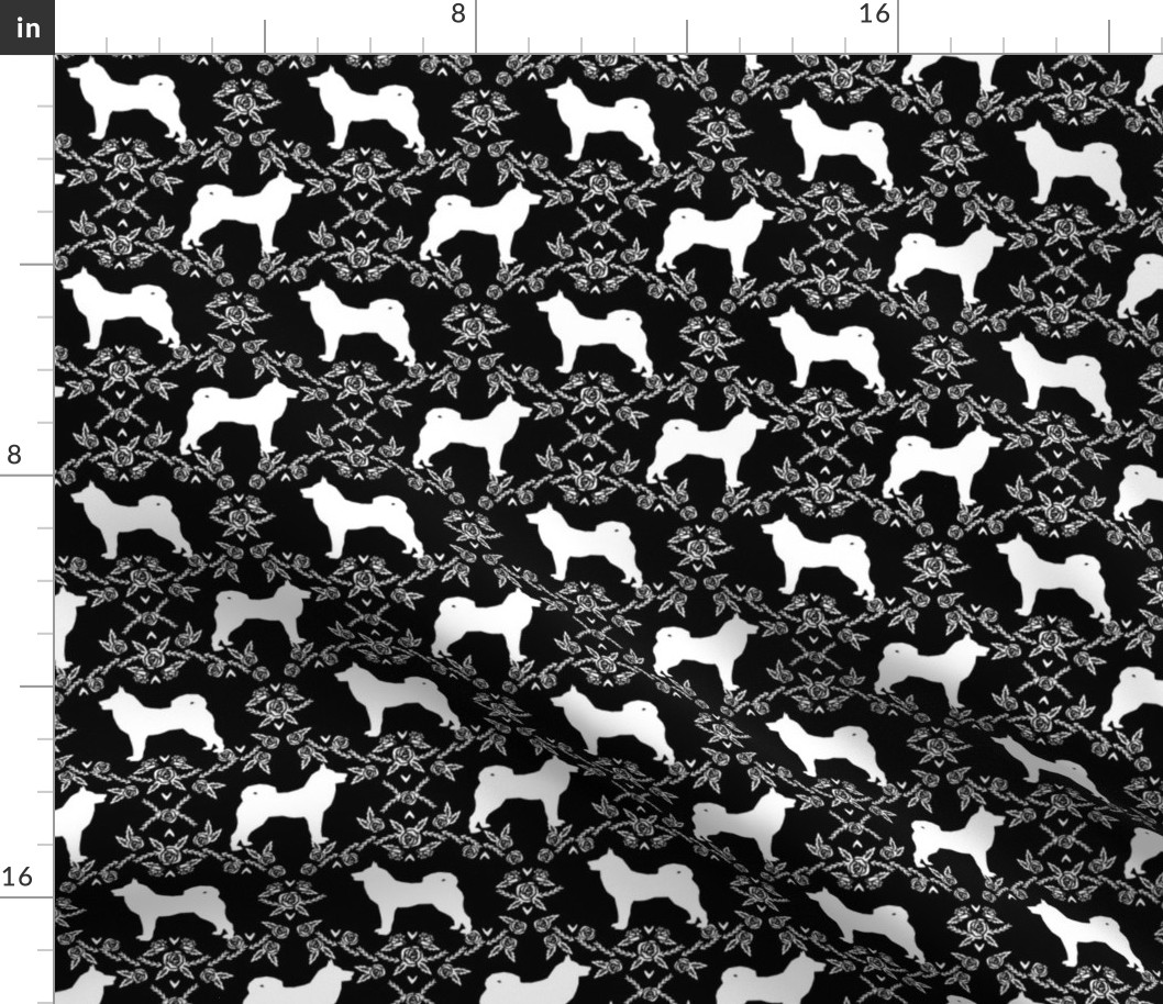 Akita silhouette florals dog fabric pattern black