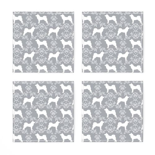 Akita silhouette florals dog fabric pattern grey