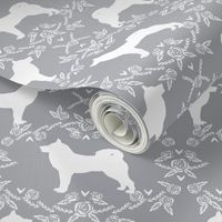 Akita silhouette florals dog fabric pattern grey