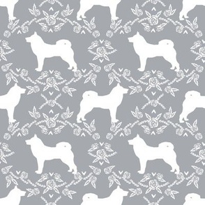Akita silhouette florals dog fabric pattern grey