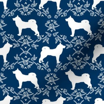 Akita silhouette florals dog fabric pattern navy