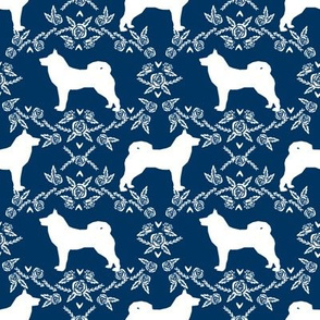 Akita silhouette florals dog fabric pattern navy