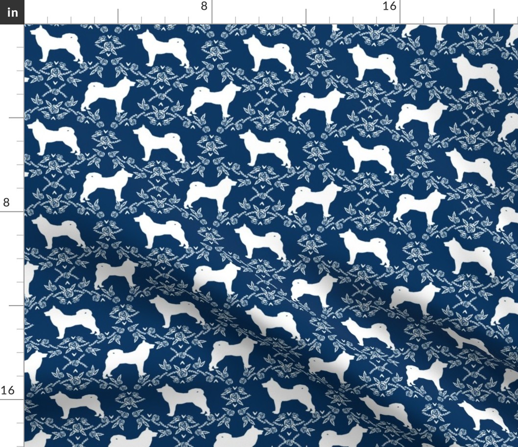 Akita silhouette florals dog fabric pattern navy