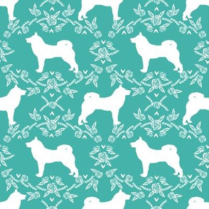 Akita silhouette florals dog fabric pattern turquoise