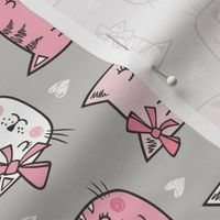 Pink Cat Cats  Faces with Bows and Hearts on Grey Rotated