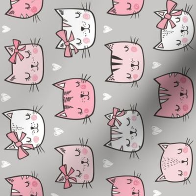 Pink Cat Cats  Faces with Bows and Hearts on Grey Rotated