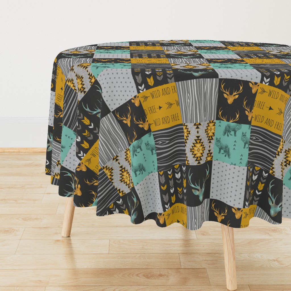 Gold and Neptune Boho Wholecloth Quilt - deer, arrows, fox with grey, yellow gold, and teal/mint 