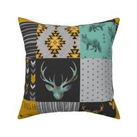 Gold and Neptune Boho Wholecloth Quilt - deer, arrows, fox with grey, yellow gold, and teal/mint 