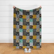 Gold and Neptune Boho Wholecloth Quilt - deer, arrows, fox with grey, yellow gold, and teal/mint 