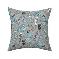 Boho Feathers Blue Mint Green on Grey