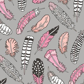 Boho Feathers Pink Peach on Grey